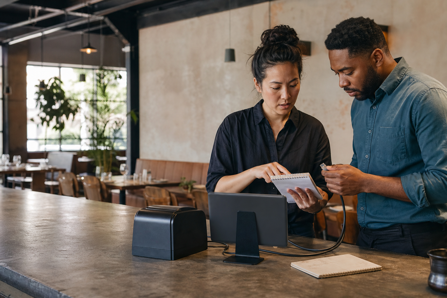 Restaurant managers reviewing a payment outage checklist at a service counter