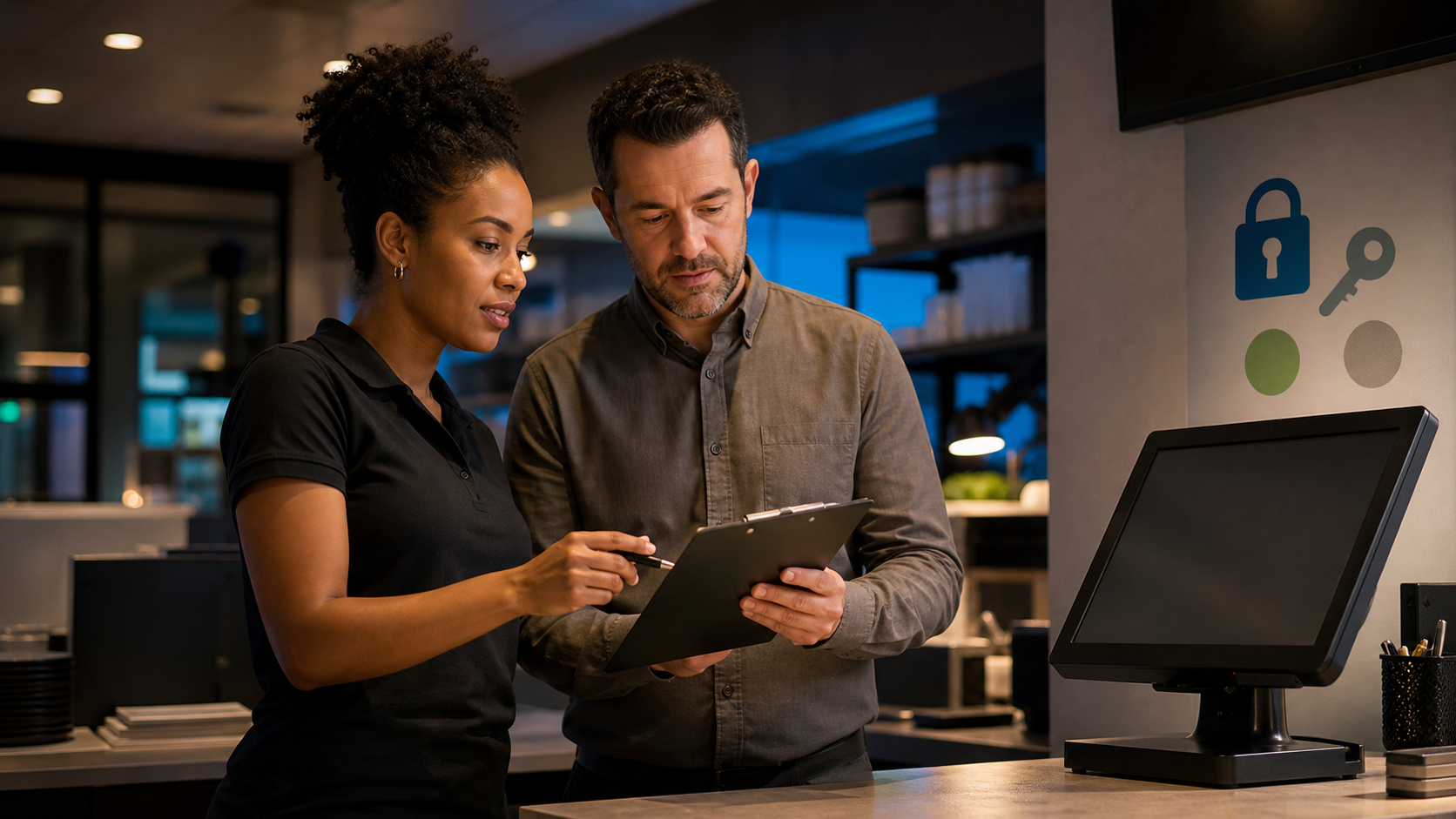 Support specialist and restaurant manager reviewing an access-recovery checklist beside an unbranded terminal