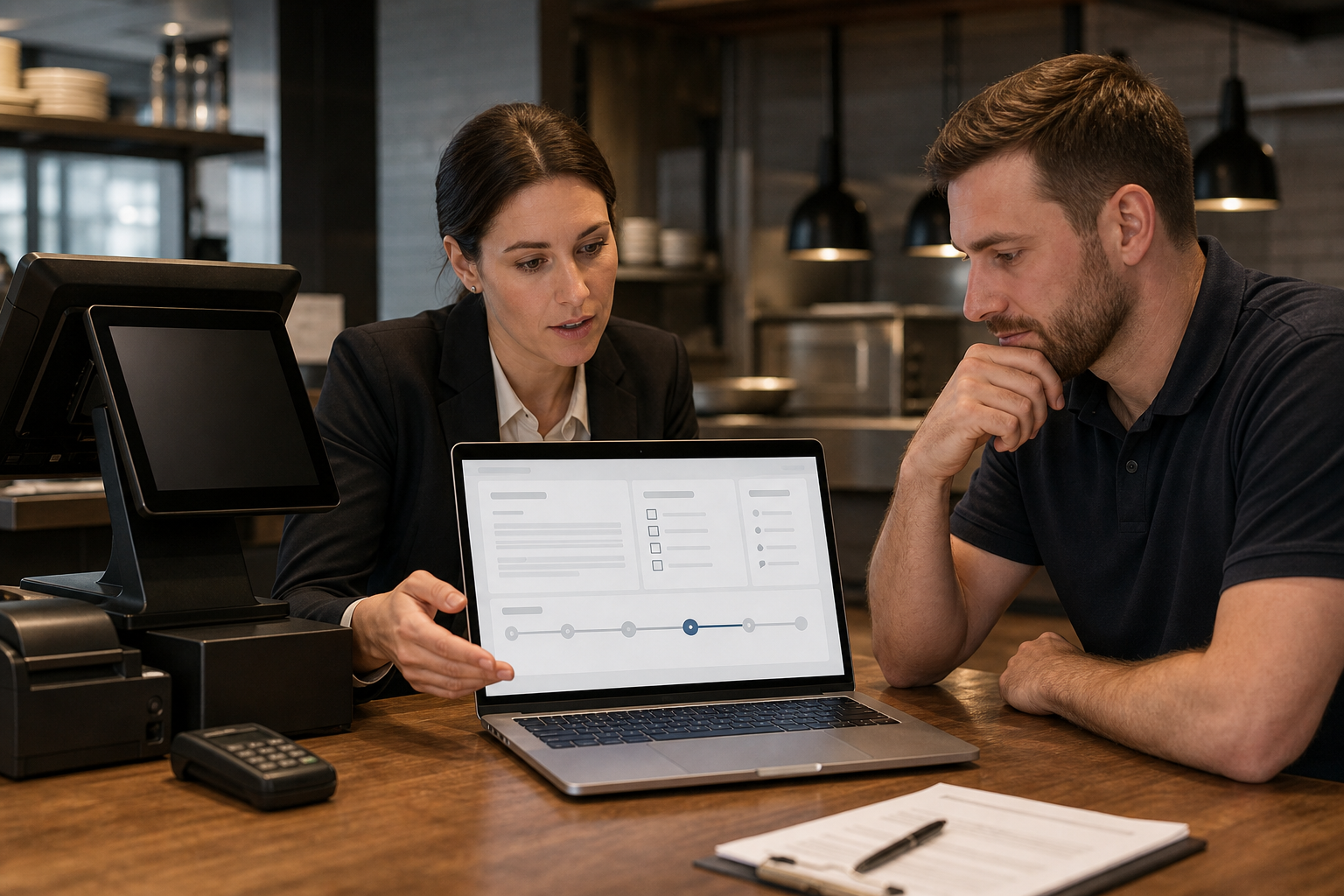 Support engineer and restaurant manager reviewing an abstract incident ticket beside generic POS equipment